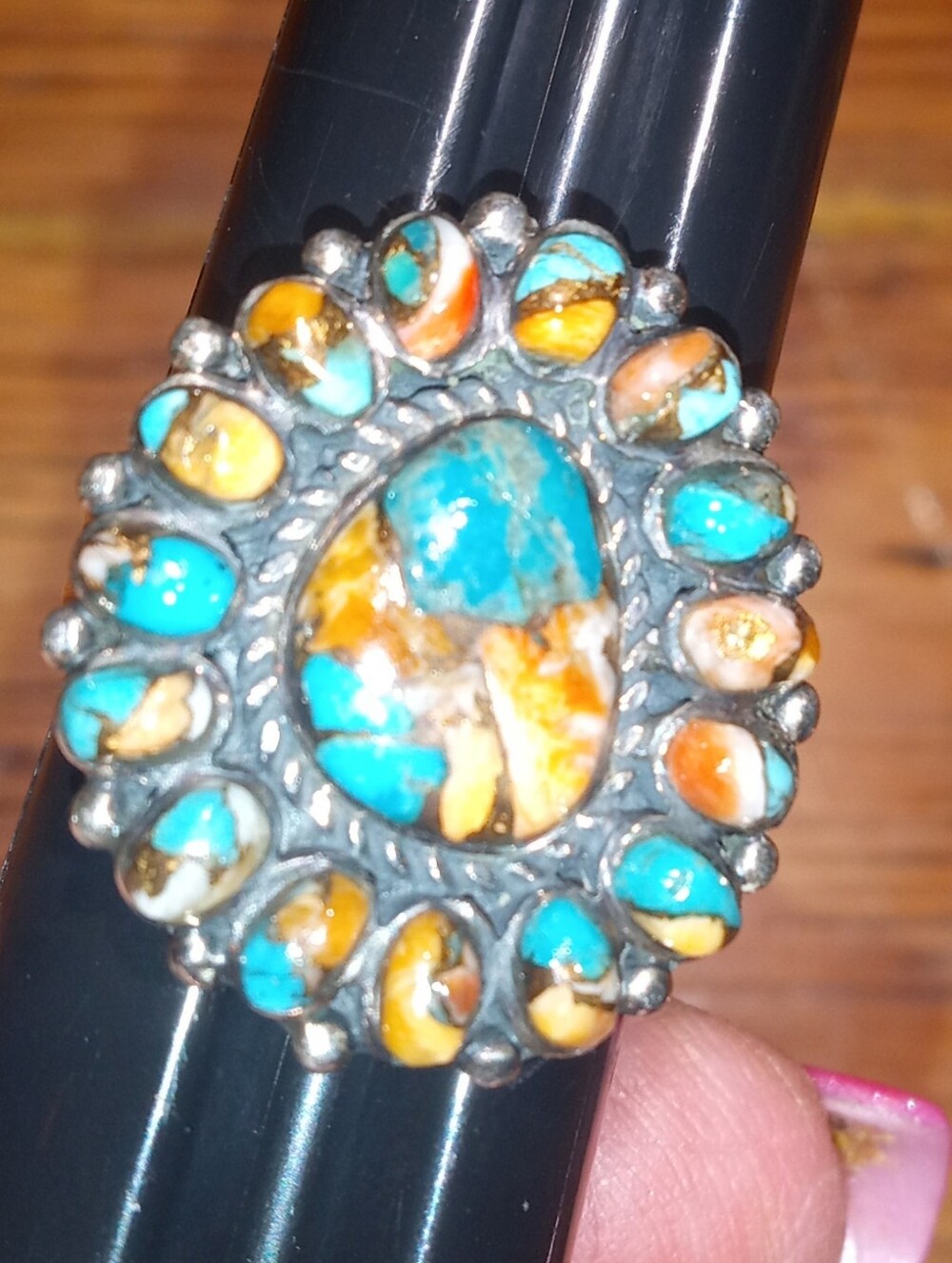 Turquoise and Orange Cluster Stone Ring - Women Jewelry